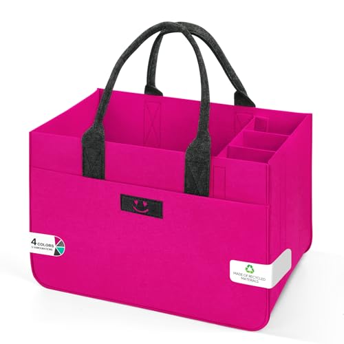 Eurhomewit Cesta de la compra de fieltro, 30 L, plegable, con compartimentos, bolsa de fieltro grande, bolsa para botellas de leña, cesta para ropa (Smiley Magenta + gris oscuro)