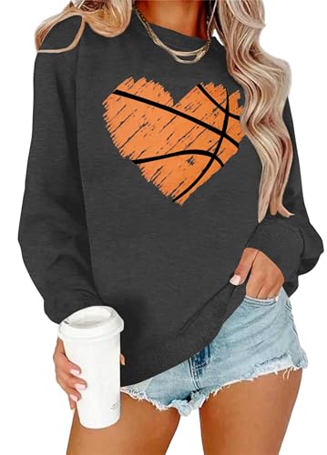 ELDPS Basketball Sweatshirt for Women: Basketball Heart Graphic Tee Shirt Funny Game Day Pullover Long Sleeve Tops