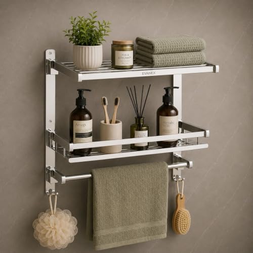 Image of EVANEX 3 Layer Folding Shelf for Bathroom 304 Grade Stainless Steel Bathroom Racks and Shelves Wall Mounted Multipurpose Shelf Bathroom Accessories Set