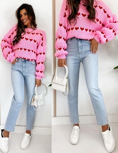 Image of Yimoon Valentine Heart Sweater for Women Cute Long Sleeve Crewneck Chunky Knitted Pullover Sweaters