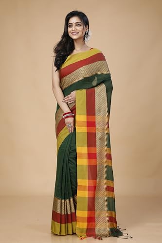 Image of OISHANI SAREE GHOR Women's Traditional Bengal Handloom Modhuboni Cotton Saree With Blouse Piece