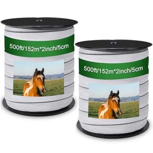 Wowangce 2 Pcs Poly Tapes for Electric Fence Horse Fence Tape Wire, 500 Feet(152.40m) Length Tape for Electric Fence, 2 Inch Wide(50.8mm) Fencing Tape for Livestock(White)