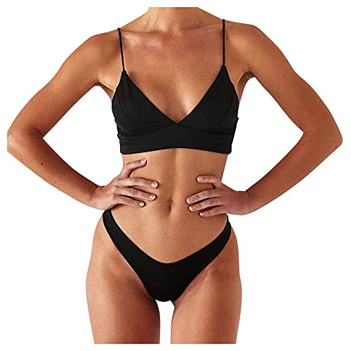 Maillot de bain de bikini sexy avec lanières bandage style halter thong en noir XL