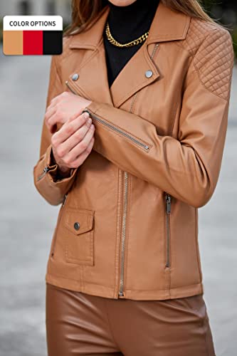S P Y M Womens Faux Leather Jacket, Moto Biker Coat, Quilted Zip Up Outwear2