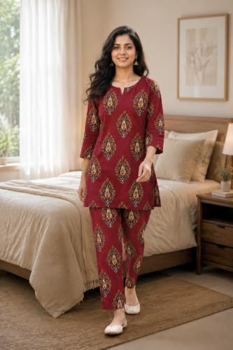 Image of Women's Cotton Night Suit Set, Printed Top and Pyjama, Casual Loungewear Sleepwear for Womens Girls