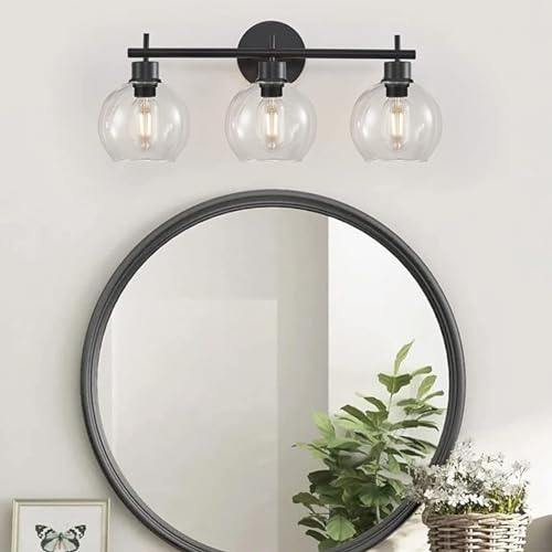 KlkrzJwy Bathroom Wall Light Over Mirror 3-Lights Black Bathroom Vanity Light with Clear Glass Shade Industrial Wall Lamp 20.1 Inch Farmhouse Bathroom Sconces Lighting for Bath(Bulb Not Included)