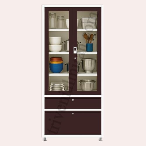 Image of Triveni Almirah Annapurna-5 Steel Wardrobe for Kitchen & Home Use | 10 Year Guarantee on Paint & Locks | 2-Door Glass Almirah with 2 Drawers | Separate Locks for Doors & Drawers | Powder-Coated Finish