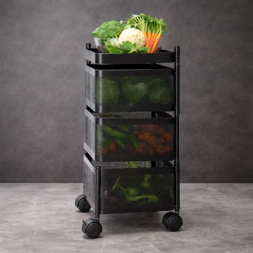 Image of RADIANT 3 Layer Multipurpose Plastic Trolley with Dish Rack for Kitchen Fruit Vegetable Storage Basket Kitchenware Food, Snacks, Toys, Tiered Shelf (Black) (Trolley Square-3 Layer)