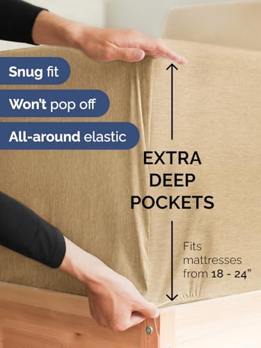Image of Extra Deep Full Fitted Sheet - Single Fitted Sheet Only - Heathered Tan | Easily Fits 18 inch to 24 inch Mattress, Soft, Wrinkle Free, Breathable & Comfy, Extra Deep Pockets Hotel Luxury Fitted Sheet