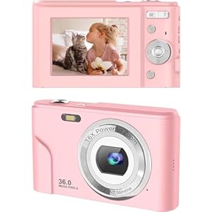 FamBrow Digital Camera, FHD 1080P 36MP Vlogging Camera 16X Compact Camera, 2.4 inch Mini Kids Camera for Kids, Photography Beginners,Teens-Pink