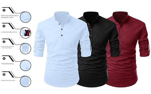 Image of FINIVO FASHION Combo of Men's Cotton Blend Solid Regular Fit Full Sleeve Straight Short Kurta Shirt, Casual and Formal Wear