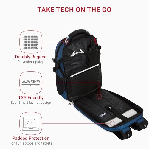 Image of SwissGear Travel Tech Elite Laptop Backpack - Fits Laptops up to 16 inch - ScanSmart TSA-Friendly Backpack with USB Port, Shoe Compartment & Organizer Pockets - Blue /Black