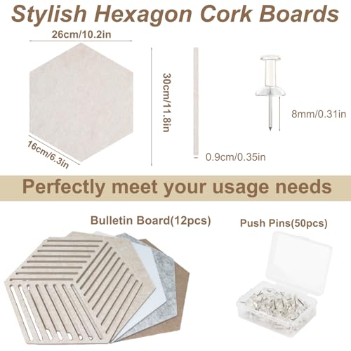 Acidea 12Pcs Hexagon Cork Boards for Walls, Self Adhesive DIY Bulletin Board Felt Cork Board Tiles with 50 Push Pins, Pin Boards for Office School Home Wall Decor Stickers Memos Ph image 3
