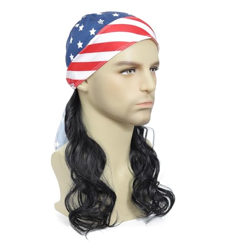 Image of Men's Mullet Wig with USA Flag Bandana, Long Curly Synthetic Wig, 80s Rocker Patriotic Costume Wig for Halloween, 4th of July and Cosplay (Black)