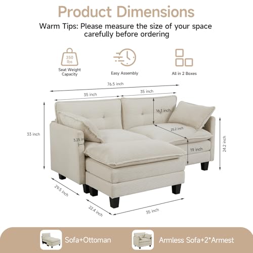 Image of Amsleekey 76.5 inch L-Shaped Modular Sectional Sofa, Beige Corduroy