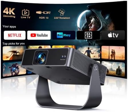 Proiettore Portatile【Smart TV & 1000+ Canali Live】Mini Proiettore 4K Smart TV Compatibile con Netflix, Rotazione 330°, Auto Focus WiFi Bluetooth, 1080P Nativo, Videoproiettore soffitto casa/campeggio — foto principale