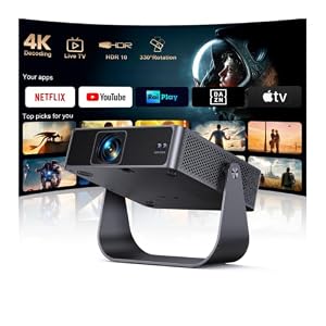 Proiettore Portatile【Smart TV & 1000+ Canali Live】Mini Proiettore 4K Smart TV Compatibile con Netflix, Rotazione 330&deg;, Auto Focus WiFi Bluetooth, 1080P Nativo, Videoproiettore soffitto casa/campeggio