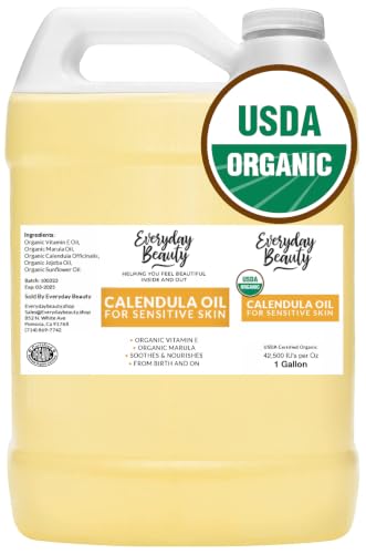 Organic Calendula Oil For Sensitive Skin -Bulk 1 Gallon- USDA Organic Certified 100% All Natural Plant Based, Lightweight & Unscented Gentle Soothing Oil For Sensitive Skin - For Face, Skin & All Over