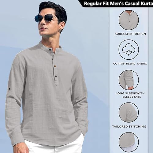 Image of Beige Color Cotton Blend Mandarin Neck Short Kurta Straight Kurta for Men (S)