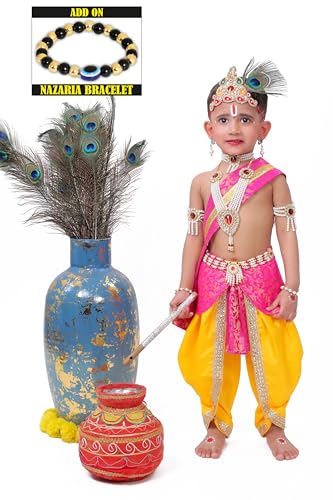 Image of Krishna Dress for Kids, Baby Krishna Dress for Janmashtami with Krishna Mukut, Peacock Feather & Flute Embroidered Krishna Costume for Girl & Boy, 3 Months-8 Years