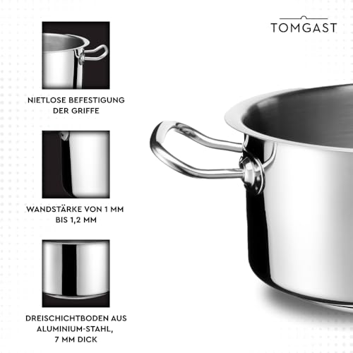 TOMGAST EXCLUSIVE Topf Durchmesser 32 cm | Fassungsvermögen 10 l, Höhe 13 cm | Edelstahl, außen hochglanzpoliert | ergonomischer Griff | Dreischichtboden | Induktion | Spülmaschinenfest