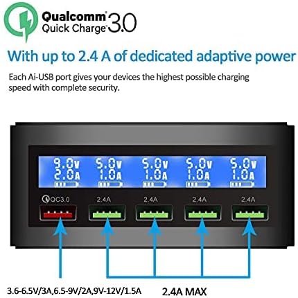 Phone Charger Charging Station 50W 5-ports Power Adapter Charging Dock with Quick Charge 3.0 Fast Charge Port,Multi USB Socket for Tablets,Mobile Phone,and more.(KitBox,Black)