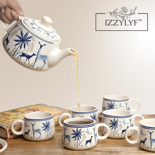 Image of 'Blue Deer' Premium Ceramic Tea Cup Set with Kettle & 6 Cups | Floral Printed Ceramic Cup with Teapot | Handcrafted, Microwave & Dishwasher Safe | Tea Serving Set for Home, Office & Gifting