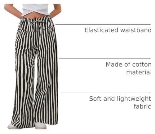 Image of MISSACTIVER Women Drawstring Striped Pants Loose Wide Leg Trousers Casual Low Waist Pants Comfy Lounge Pants with Pockets Black White