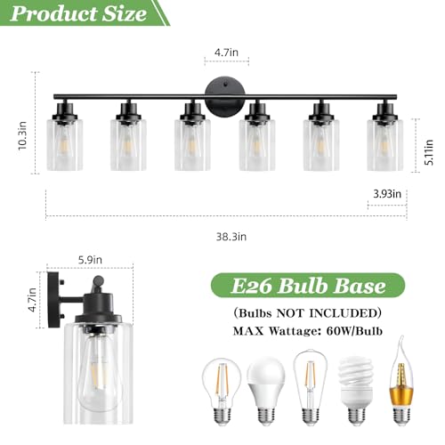 Image of 6-Light E26 Black Bathroom Vanity Lights, Modern Bathroom Light Fixtures with Clear Glass Shade, Wall Lamps for Mirror Hallway Kitchen Cabinet Living Room Sconces Lights