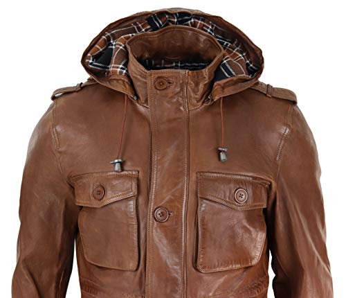 Mens 3/4 Long Real Leather Duffle Jacket Coat Safari Detachable Hood Military2