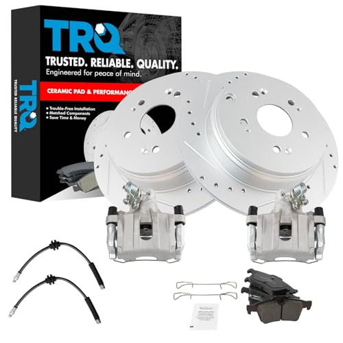 Image of TRQ Performance Rear Brake Pad and Rotor Set Ceramic Slotted Drilled G Coated Rotors Calipers Hoses Compatible with 2004-2005 Mazda 3 S 2005 3 SP23