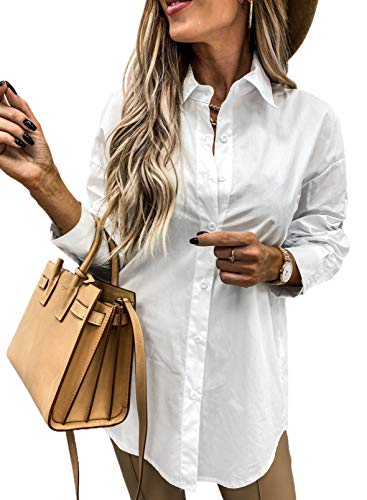 HOTAPEI Fashion Plus Size Shirts for Teen Girls V Neck Classic Long Sleeve Stretchy Button Down Collar Boyfriend Shirt Business Casual White Tops Large