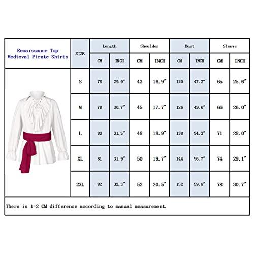 Irtysh Men's Renaissance Victorian Medieval Pirate Shirt Lace Up Colonial Steampunk Costume Tops Waist Belt Set(White 2Xl) #TOP4