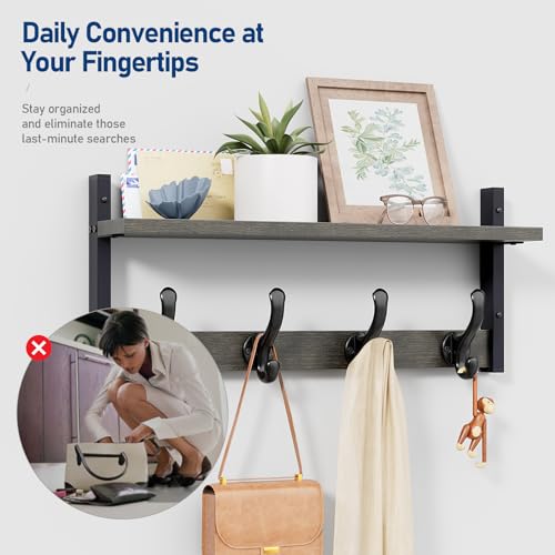 Image of Tatub 20 inch Rustic Coat Rack Wall Mount with Shelf, Wall Hooks with Shelf, Heavy Duty Entryway Organizer Hangers for Hanging, Hat, Bag, Jacket for Bathroom, Living Room, Bedroom, Ebony