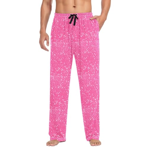 Men's Pink Sparkling Glitter Pajama Pants with Pockets - Straight Fit Cotton Sleep Bottoms for Lounge & Nightwear