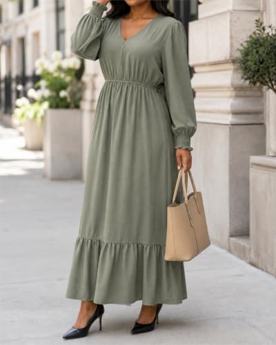 Women's Army Green Puff Long Sleeve Empire Waist Flowy Pockets Maxi Dress - image 3