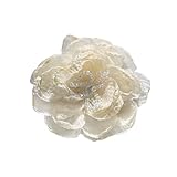 Dainty Silk Camellia Flower Brooch Lapel Pin Handmade Fabric Floral Acrylic Beaded Brooches Pins Elegant for Wedding Dance Party for Women Girls Suit Dress Hat Corsage Bouquet Clothes Accessories Jewelry Gifts (Beige)