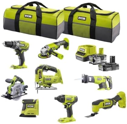 RYOBI 18 V ONE+ Combo Kit - 8 Outils : Ponceuse Delta, Perceuse, Outil Multi, Scie sauteuse, Meuleuse d'angle, Scie Circulaire Manuelle, Visseuse à pe...