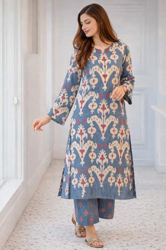 Image of ANNI Designer Kurta Sets for Women Cotton Blend Printed | Kurti Set for Woman | Kurta Palazzo Dupatta Set | Straight Kurti | Round Neck V-Slit Full Sleeve Suit Set for Women Stylish Ethnic Outfit