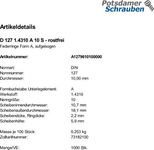 1000 Edelstahl Federringe DIN 127 1.4310 Form A M10