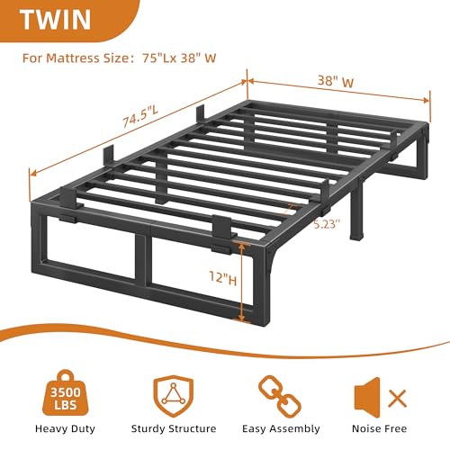 Image of 12 Inch Metal Twin Bed Frames with Stable Steel Support, Noise-Free