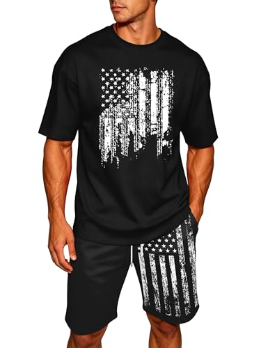 Image of Ithalt Patriotic Shirts for Men 4th of July Outfit 2 Piece Set Short Sleeve and Shorts American Flag 250th Anniversary
