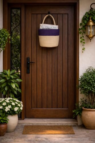 Image of JASMEY HOMES Wall Hanging Jute Basket for Vegetables /Newspaper Storage Box for Home /Milk Basket for Main Door Hanging (Purple)