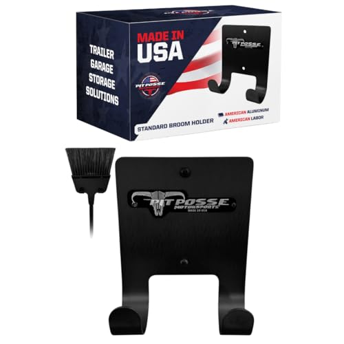 Pit Posse PP3187BK Aluminum Broom Holder Hanger for Trailer Garage Shop Storage - Made in USA - Whisk/Angle Brooms Wall Mount Utility Rack Caddy Cabinet Organizer for Enclosed Race Trailers (Black)
