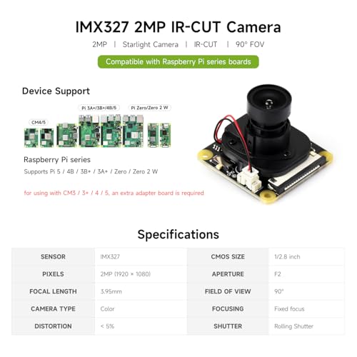 Caméra IMX327 2MP capteur starlight objectif 90 degrés module Raspberry Pi
