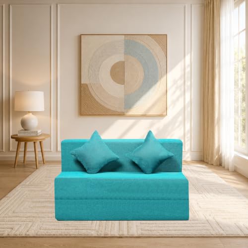 Image of Seventh Heaven Rejioce 2 Seater 4 * 6 Jute Fabric Washable Cover Sofa Cum Bed with 2 Cushions 2 Seater Double Foam Fold Out Sofa Cum Bed (Finish Color - Blue Delivery Condition - Pre-Assembled)