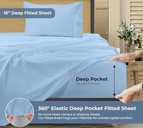 Image of Royale Linens 100% Organic Cotton Twin XL Sheet Set - Percale Weave - 3 Pieces Set - 1 Flat, 1 Deep Pocket Fitted Sheet and 1 Pillowcases -Lake Blue Bed Sheets -Sabanas Twin XL -Crisp Cool (Lake Blue)