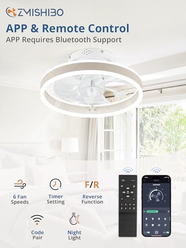 Image of ZMISHIBO Low Profile Ceiling Fans with Lights and Remote, 13 Inch Fandelier Ceiling Fan with Light, White Modern Flush Mount Ceiling Fan, Small Dimmable LED Fan Lights for Bedroom