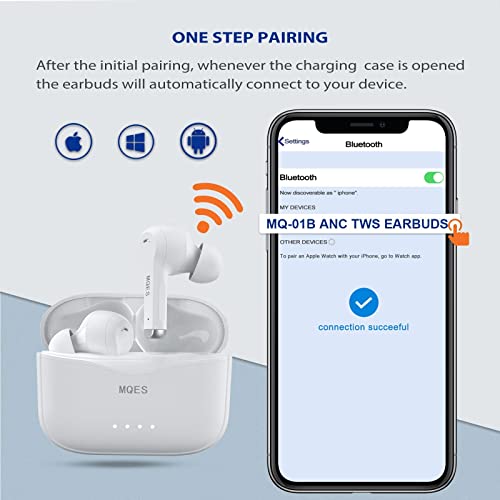 MQES Active Noise Cancelling Wireless Earbuds,in-Ear Headphones Bluetooth 5.2, Built-in 4mics Earphones,Touch Control, ANC and ENC, IPX5 Waterproof, 30H Playtime, for iPhone & Android (White) by MQES - Used condition - Image 6