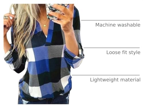 Image of Dokotoo Womens Tops Plaid Cotton Cuffed 3 /4 Sleeve Shirts Blouses